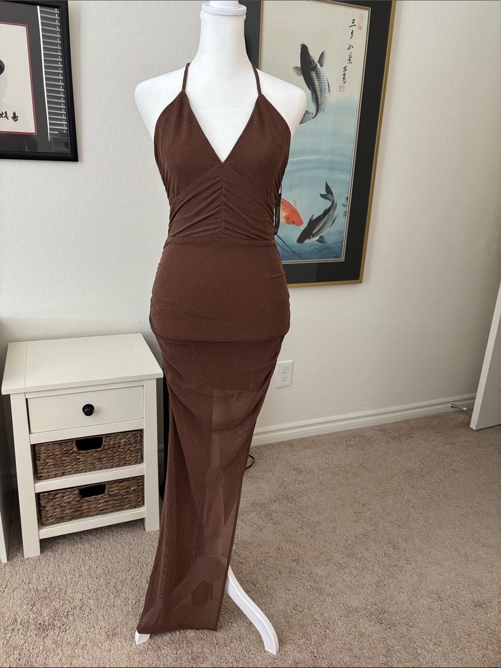 New Capuffy Brown Halter Ruched Maxi Dress